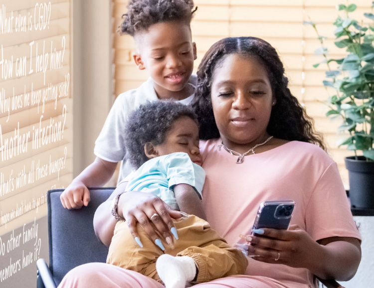 Image of a mother with her two young children, the youngest child has chronic granulomatous disease 